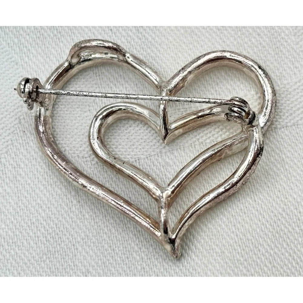 Intertwined Double Heart Brooch Silver Tone Clear Rhinestones Love‎ Pin Bridal